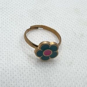 Flower Ring Adjustable Gold Tone Teal Pink Enamel Cute Fun Girls Costume